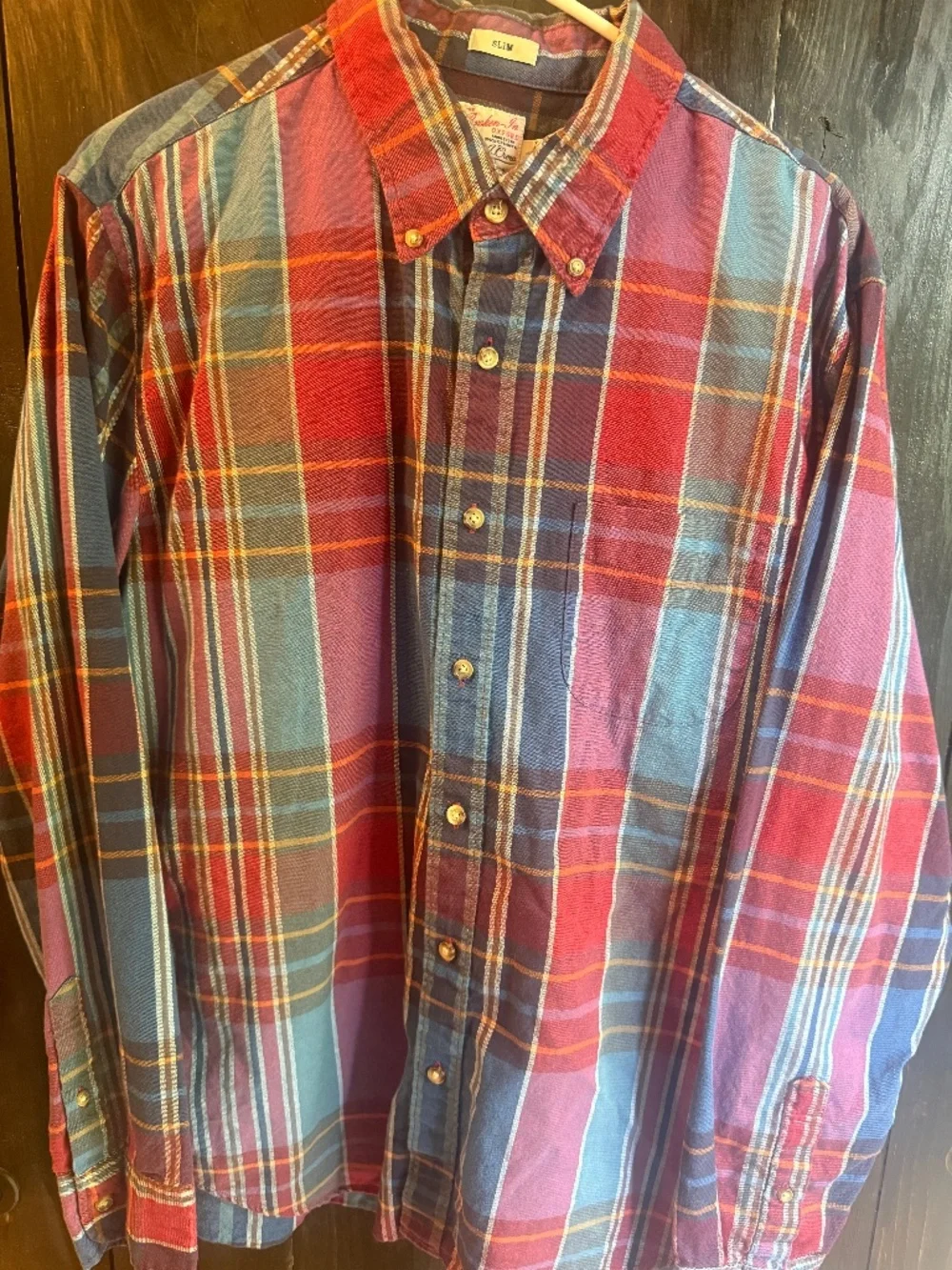 J Crew Broken In Oxford Organic Cotton SlimMens Shirt Sz L red and blue plaid